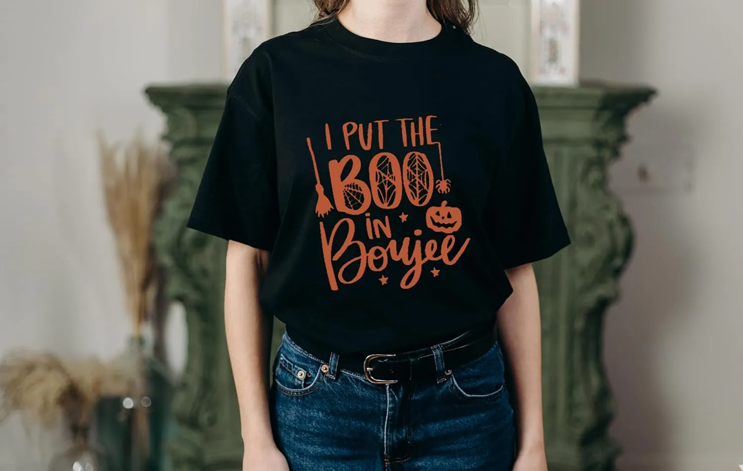 I Put The Boo in Boujee Women Funny Letter Print Halloween Shirts Classic Round Neck Casual Loose Fit Short Sleeve Tops