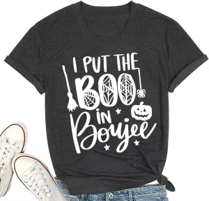I Put The Boo in Boujee Women Funny Letter Print Halloween Shirts Classic Round Neck Casual Loose Fit Short Sleeve Tops