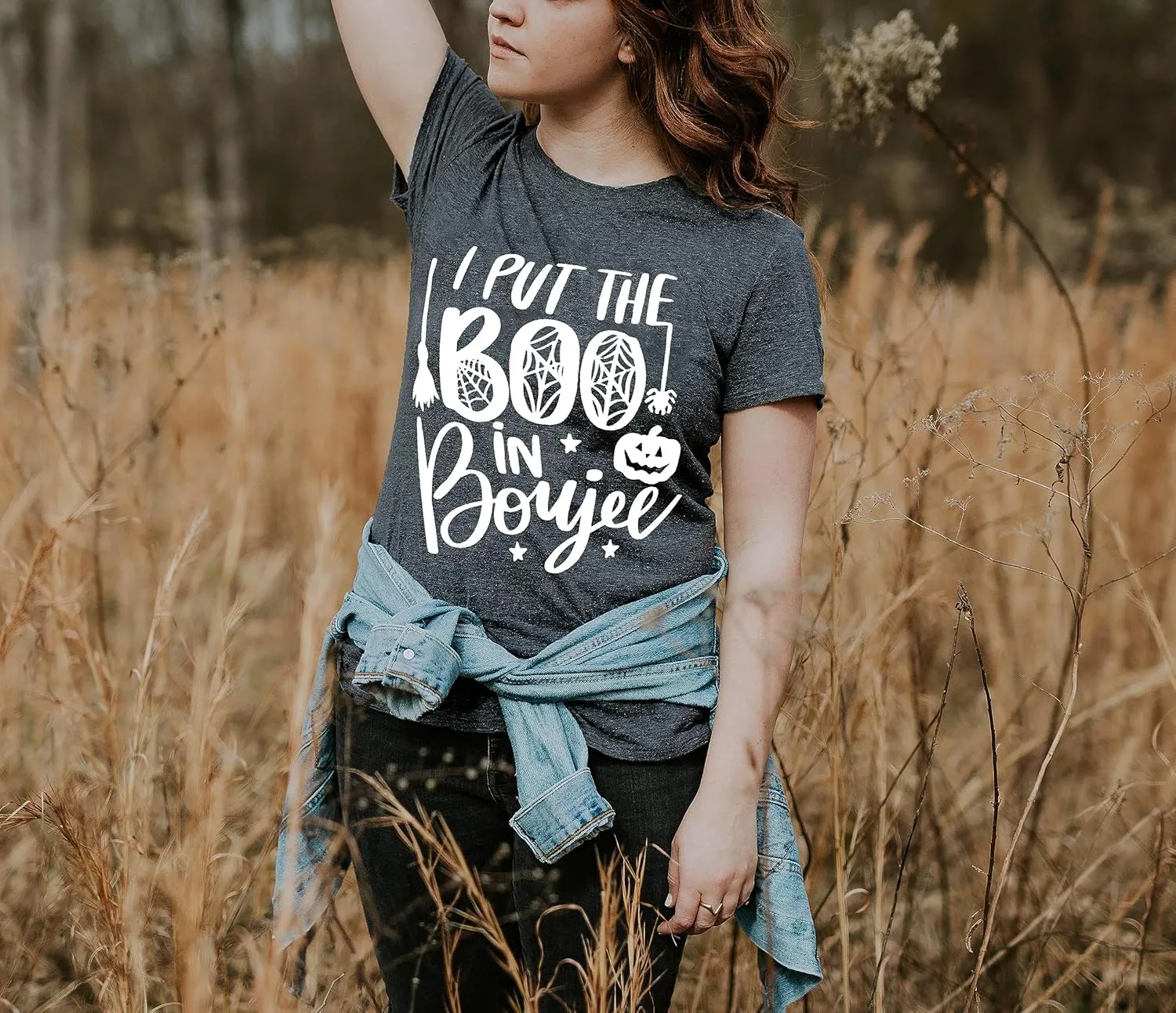 I Put The Boo in Boujee Women Funny Letter Print Halloween Shirts Classic Round Neck Casual Loose Fit Short Sleeve Tops