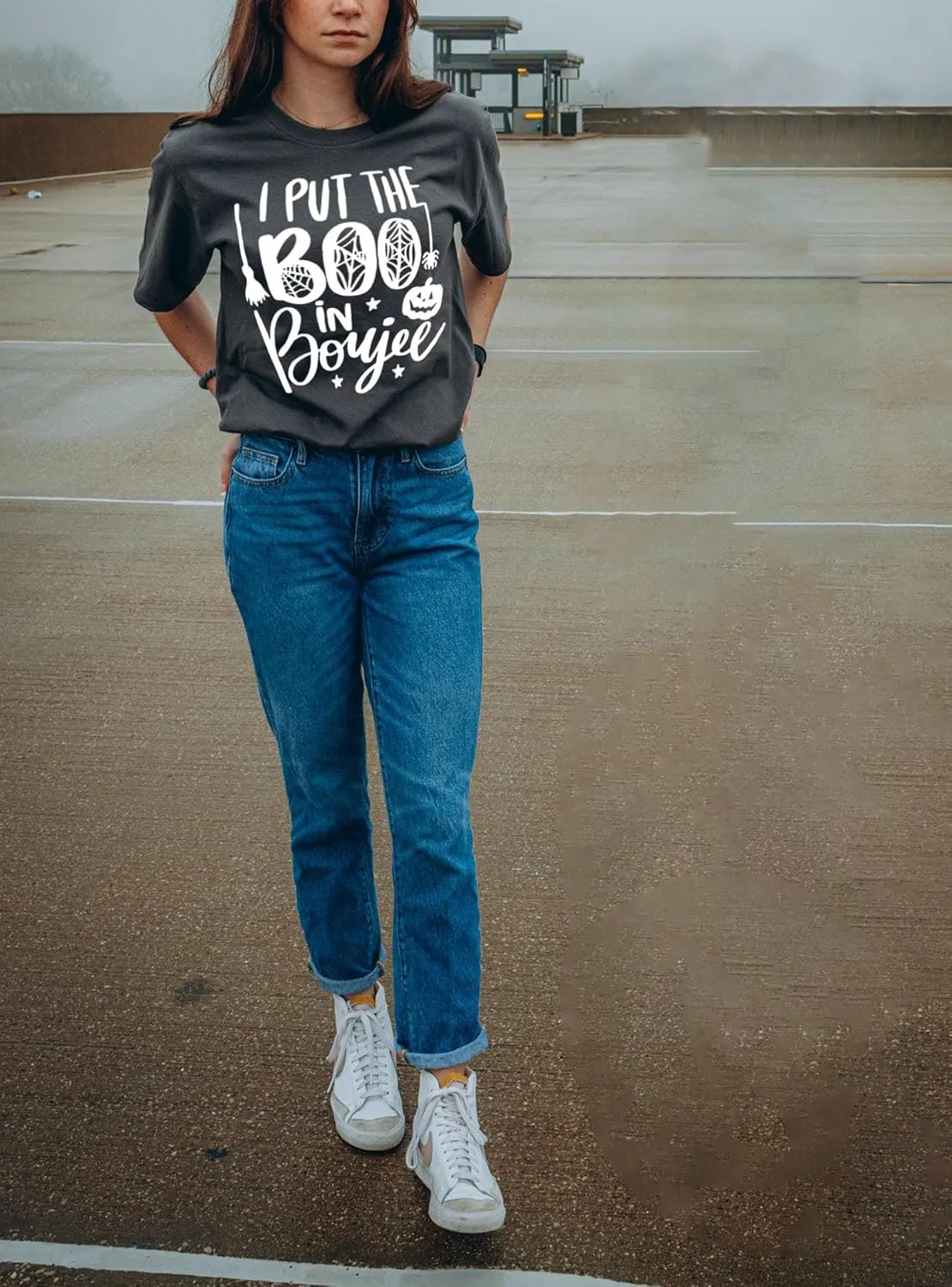 I Put The Boo in Boujee Women Funny Letter Print Halloween Shirts Classic Round Neck Casual Loose Fit Short Sleeve Tops