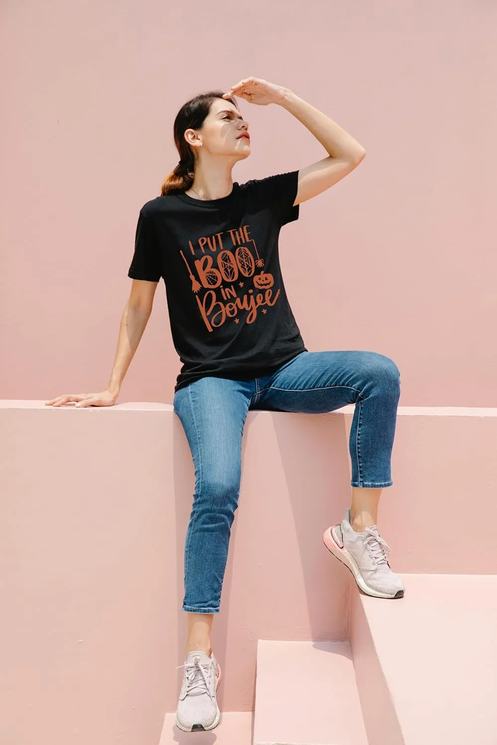 I Put The Boo in Boujee Women Funny Letter Print Halloween Shirts Classic Round Neck Casual Loose Fit Short Sleeve Tops