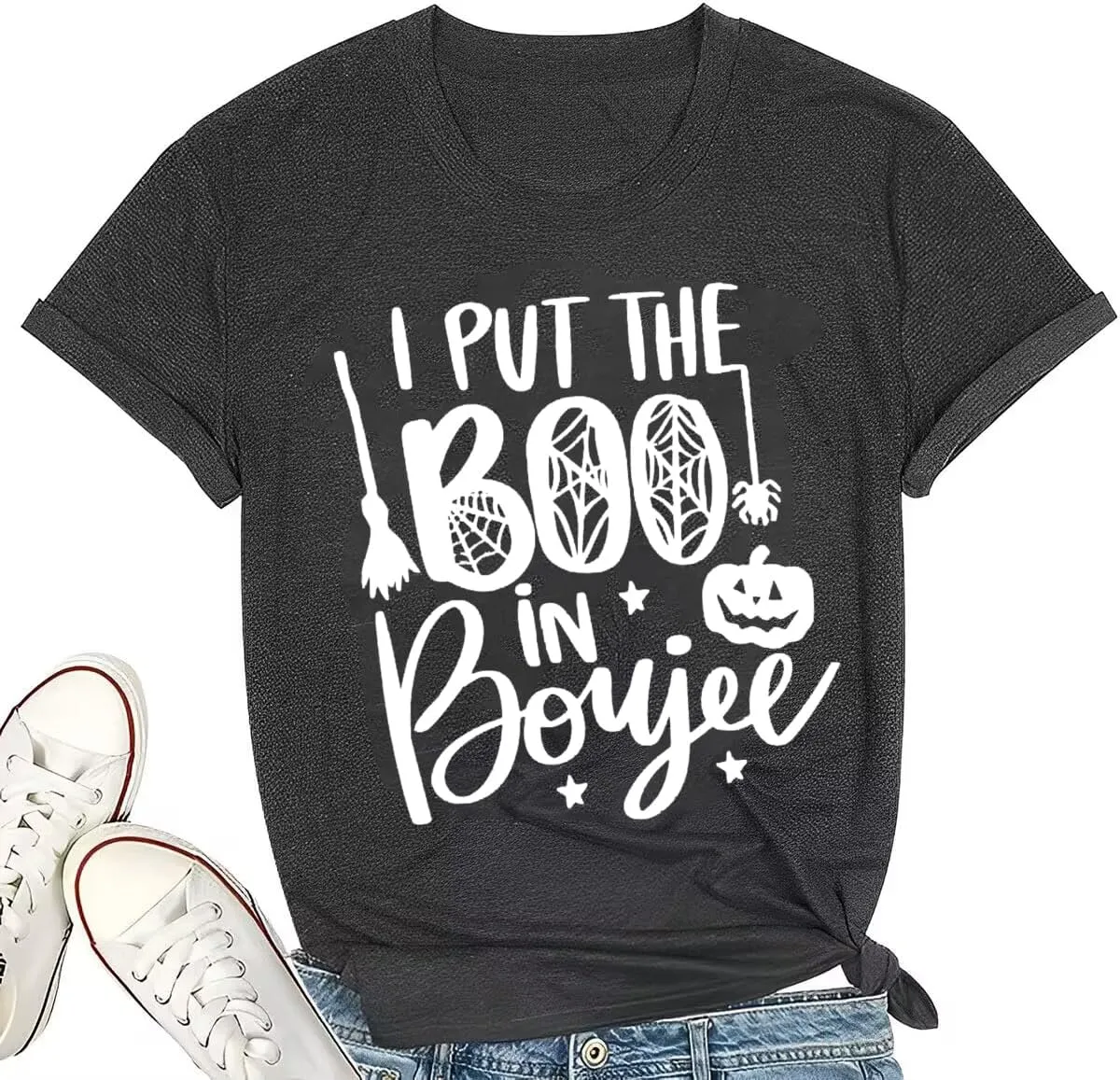 I Put The Boo in Boujee Women Funny Letter Print Halloween Shirts Classic Round Neck Casual Loose Fit Short Sleeve Tops