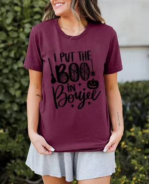 I Put The Boo in Boujee Women Funny Letter Print Halloween Shirts Classic Round Neck Casual Loose Fit Short Sleeve Tops