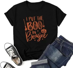 I Put The Boo in Boujee Women Funny Letter Print Halloween Shirts Classic Round Neck Casual Loose Fit Short Sleeve Tops