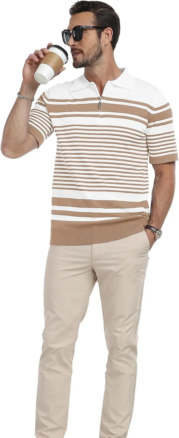KUYIGO Men's Knit Collared Polo Shirts Short Sleeve Zipper Striped Tops Classic Fit Casual Soft T-Shirt