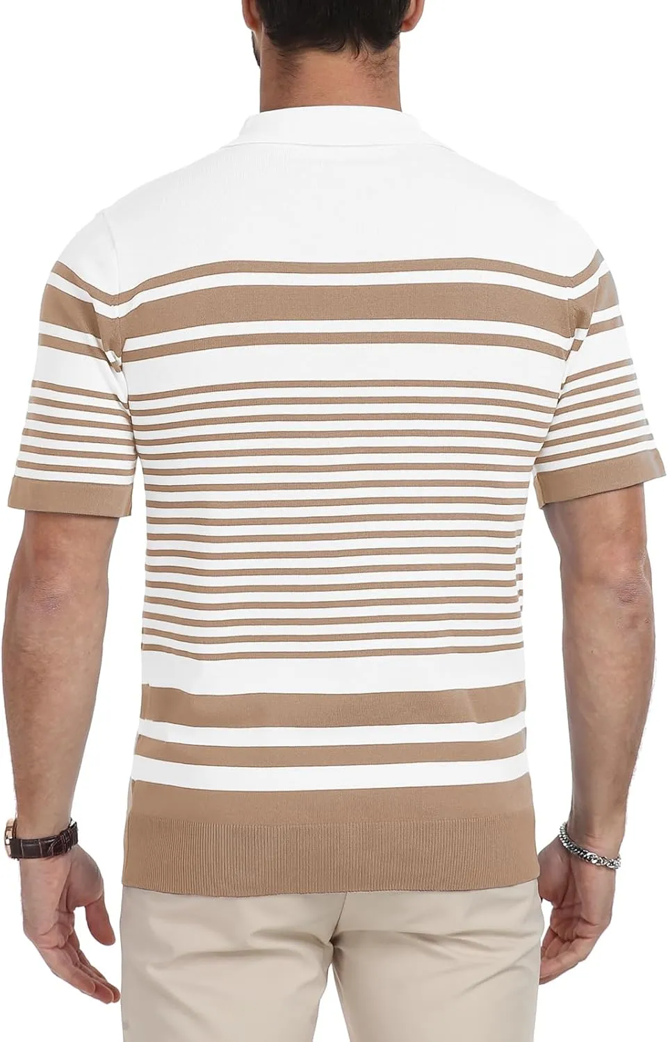 KUYIGO Men's Knit Collared Polo Shirts Short Sleeve Zipper Striped Tops Classic Fit Casual Soft T-Shirt