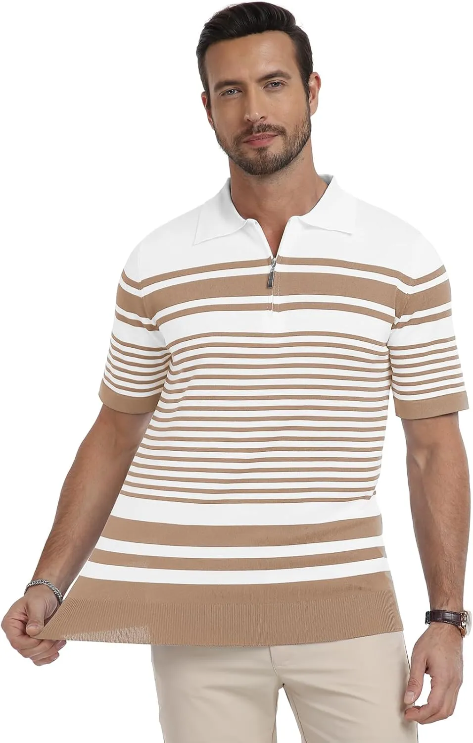 KUYIGO Men's Knit Collared Polo Shirts Short Sleeve Zipper Striped Tops Classic Fit Casual Soft T-Shirt
