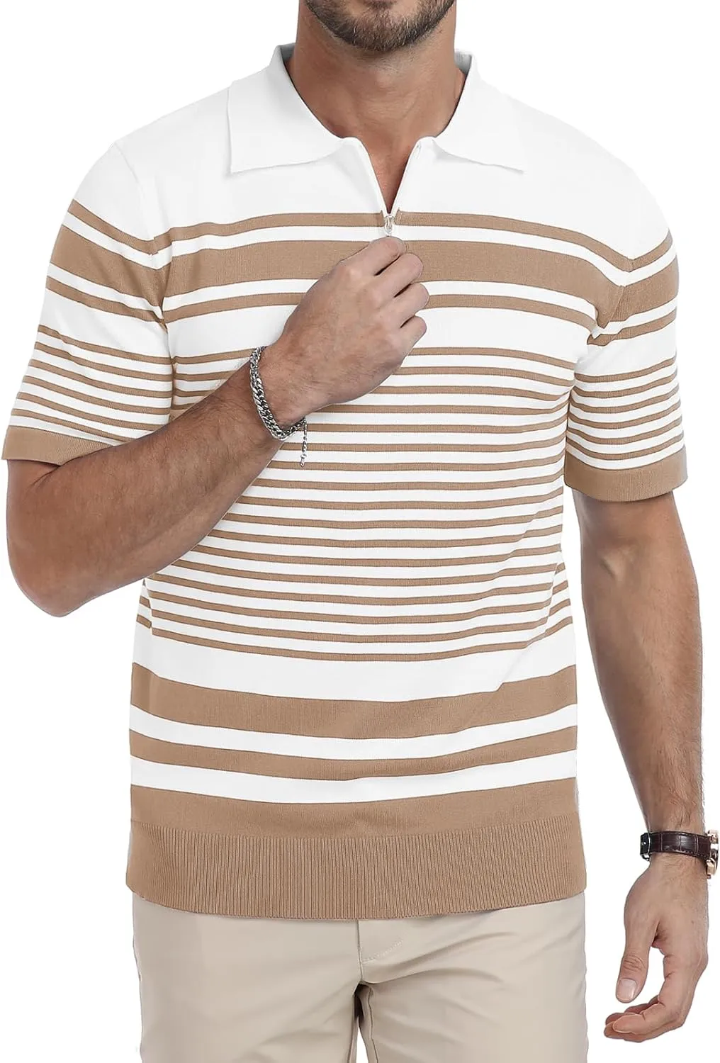 KUYIGO Men's Knit Collared Polo Shirts Short Sleeve Zipper Striped Tops Classic Fit Casual Soft T-Shirt