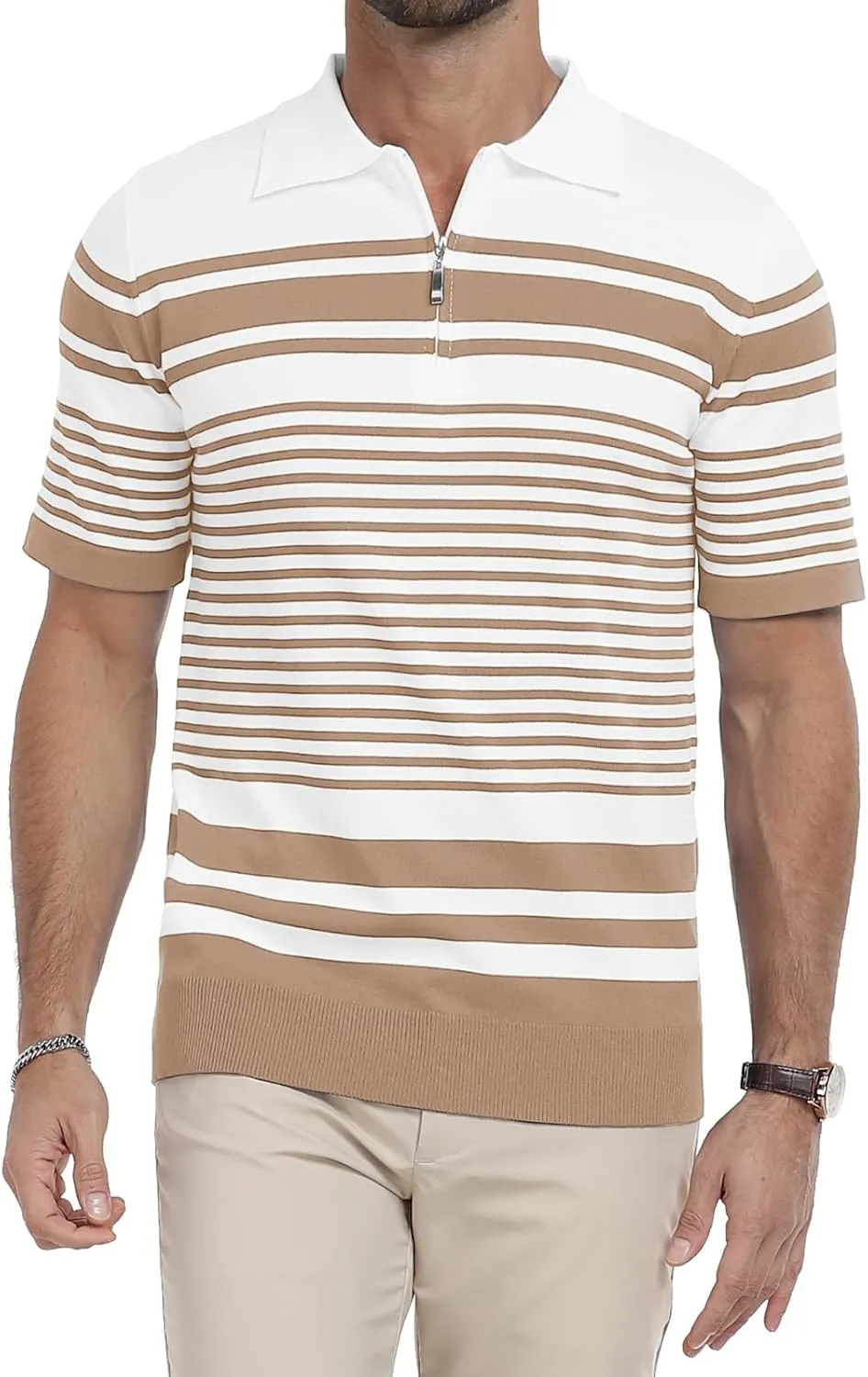 KUYIGO Men's Knit Collared Polo Shirts Short Sleeve Zipper Striped Tops Classic Fit Casual Soft T-Shirt