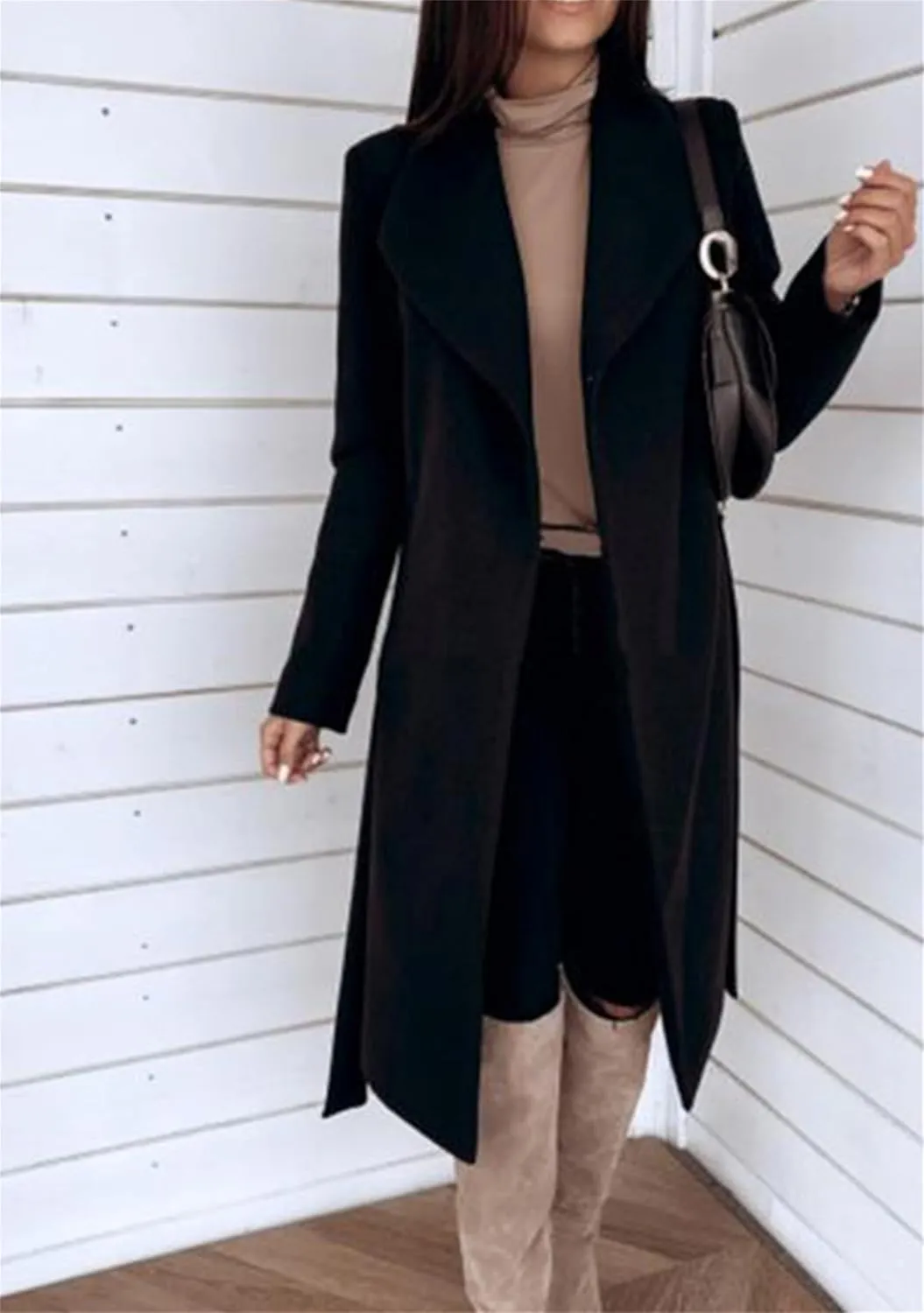 MAYRAIN Women Casual Long Sleeve Classic Cardigan Open Front Wool Blend Elegant Pea Coat Lapel Collar Long Coat With Belt