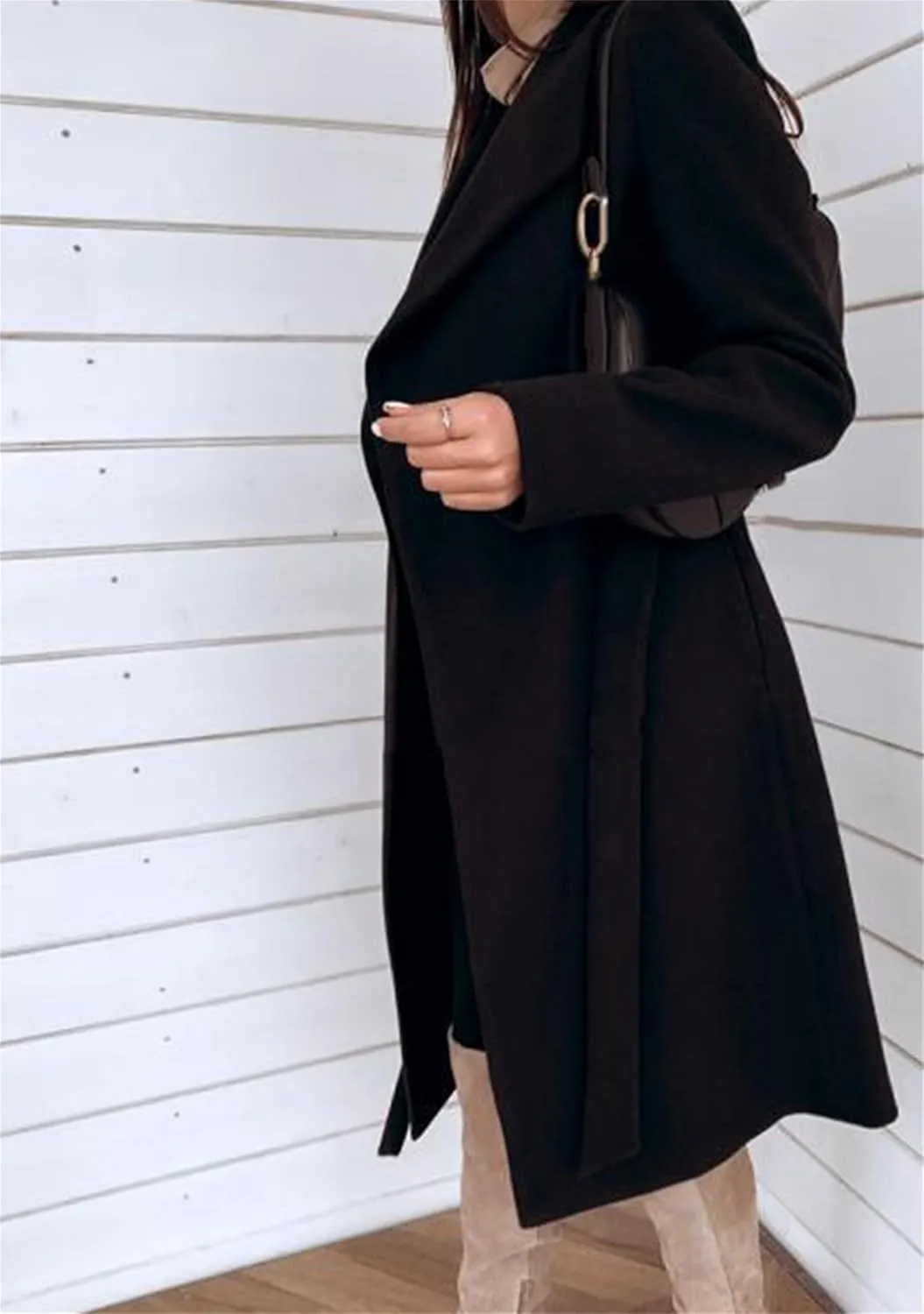 MAYRAIN Women Casual Long Sleeve Classic Cardigan Open Front Wool Blend Elegant Pea Coat Lapel Collar Long Coat With Belt
