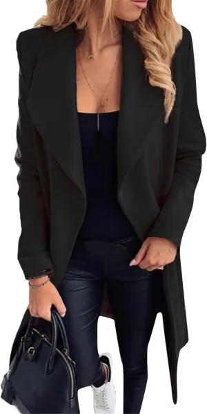 MAYRAIN Women Casual Long Sleeve Classic Cardigan Open Front Wool Blend Elegant Pea Coat Lapel Collar Long Coat With Belt