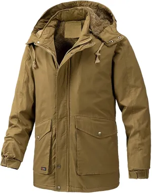 Men's Cargo Jacket 2024 Winter Warm Coats Fleece Lined Jackets with Removable Hood Ski Snow Mountain Windproof Overcoat