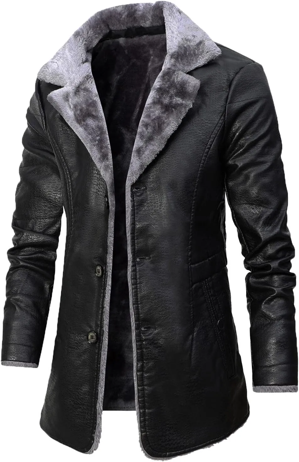 Mens Fleece Lined Faux Leather Jacket Fur Lapel Long Winter Coat Shearling Trench Coat Casual Warm Overcoat Outwear