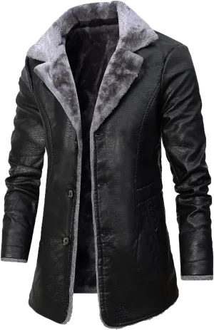 Mens Fleece Lined Faux Leather Jacket Fur Lapel Long Winter Coat Shearling Trench Coat Casual Warm Overcoat Outwear