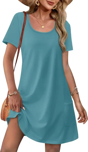 OFEEFAN Summer Dresses for Women 2025 Loose U Neck Short Sleeve Casual Beach Vacation Tshirt Dress Sundresses wih Pockets