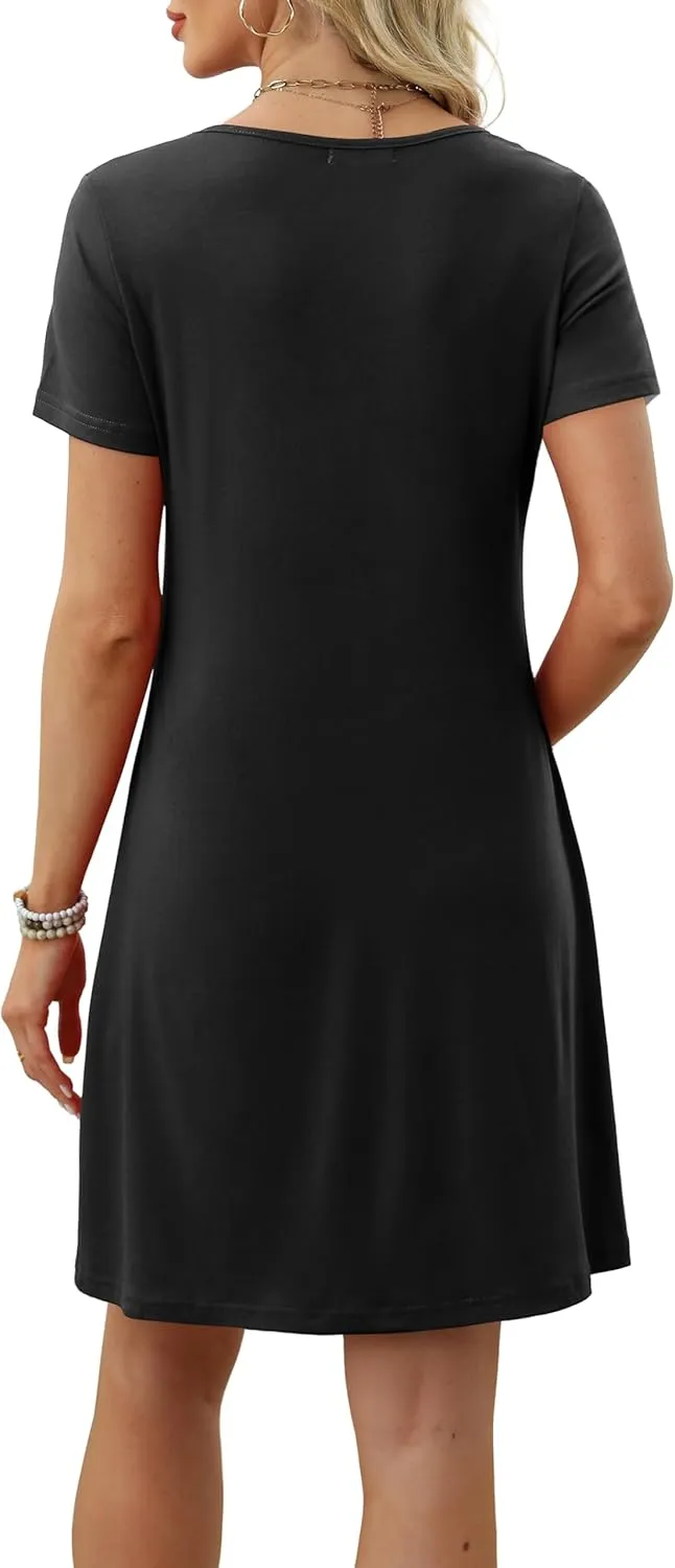 OFEEFAN Summer Dresses for Women 2025 Loose U Neck Short Sleeve Casual Beach Vacation Tshirt Dress Sundresses wih Pockets