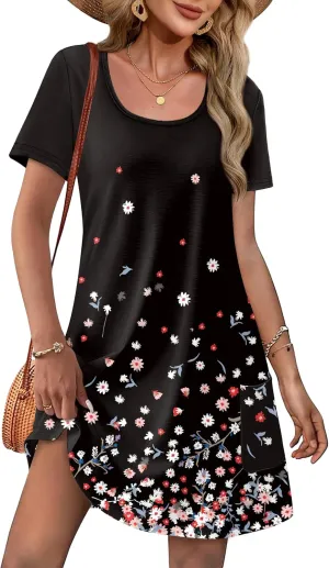 OFEEFAN Summer Dresses for Women 2025 Loose U Neck Short Sleeve Casual Beach Vacation Tshirt Dress Sundresses wih Pockets