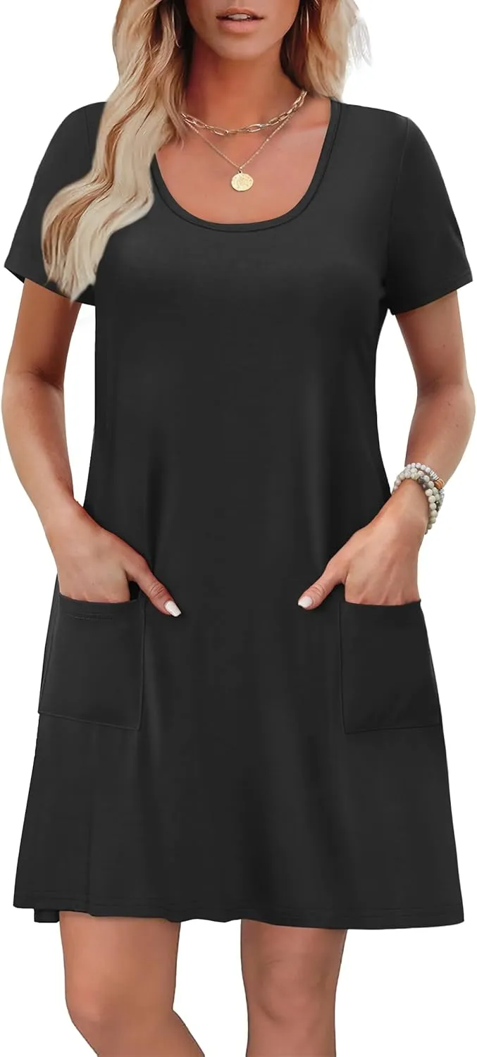 OFEEFAN Summer Dresses for Women 2025 Loose U Neck Short Sleeve Casual Beach Vacation Tshirt Dress Sundresses wih Pockets