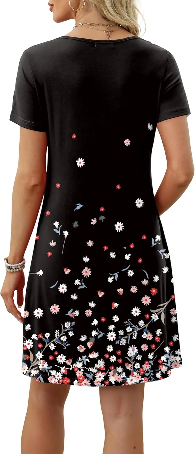 OFEEFAN Summer Dresses for Women 2025 Loose U Neck Short Sleeve Casual Beach Vacation Tshirt Dress Sundresses wih Pockets