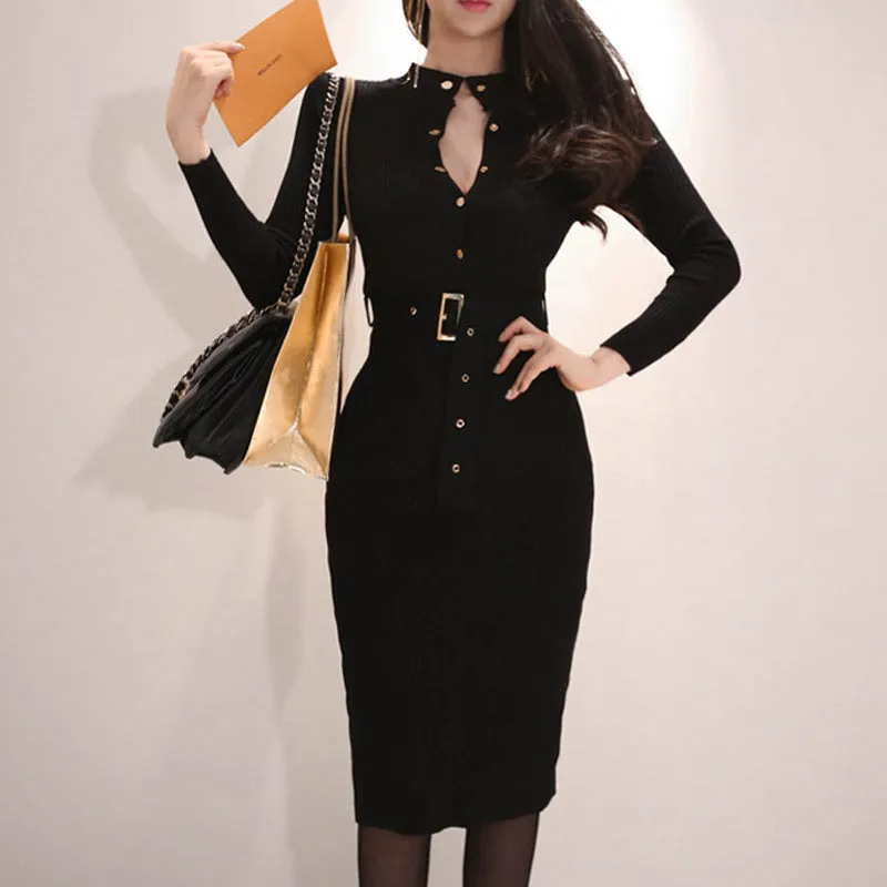 OL temperament slim knit single-breasted fashion bag hip sweater knitted dress