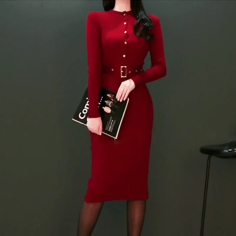 OL temperament slim knit single-breasted fashion bag hip sweater knitted dress