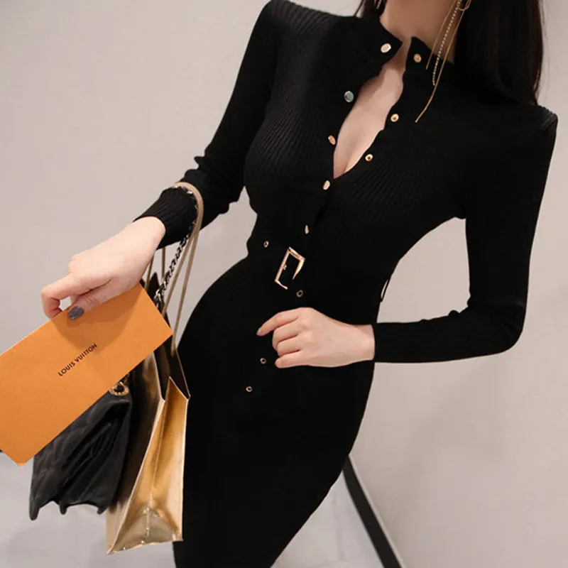 OL temperament slim knit single-breasted fashion bag hip sweater knitted dress