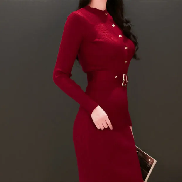 OL temperament slim knit single-breasted fashion bag hip sweater knitted dress
