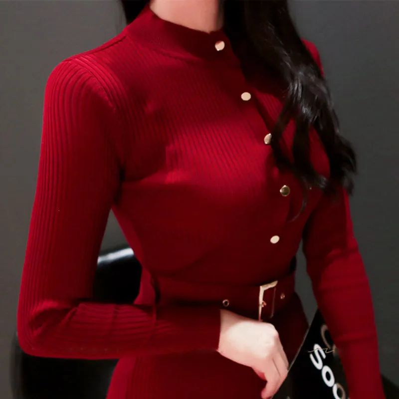 OL temperament slim knit single-breasted fashion bag hip sweater knitted dress
