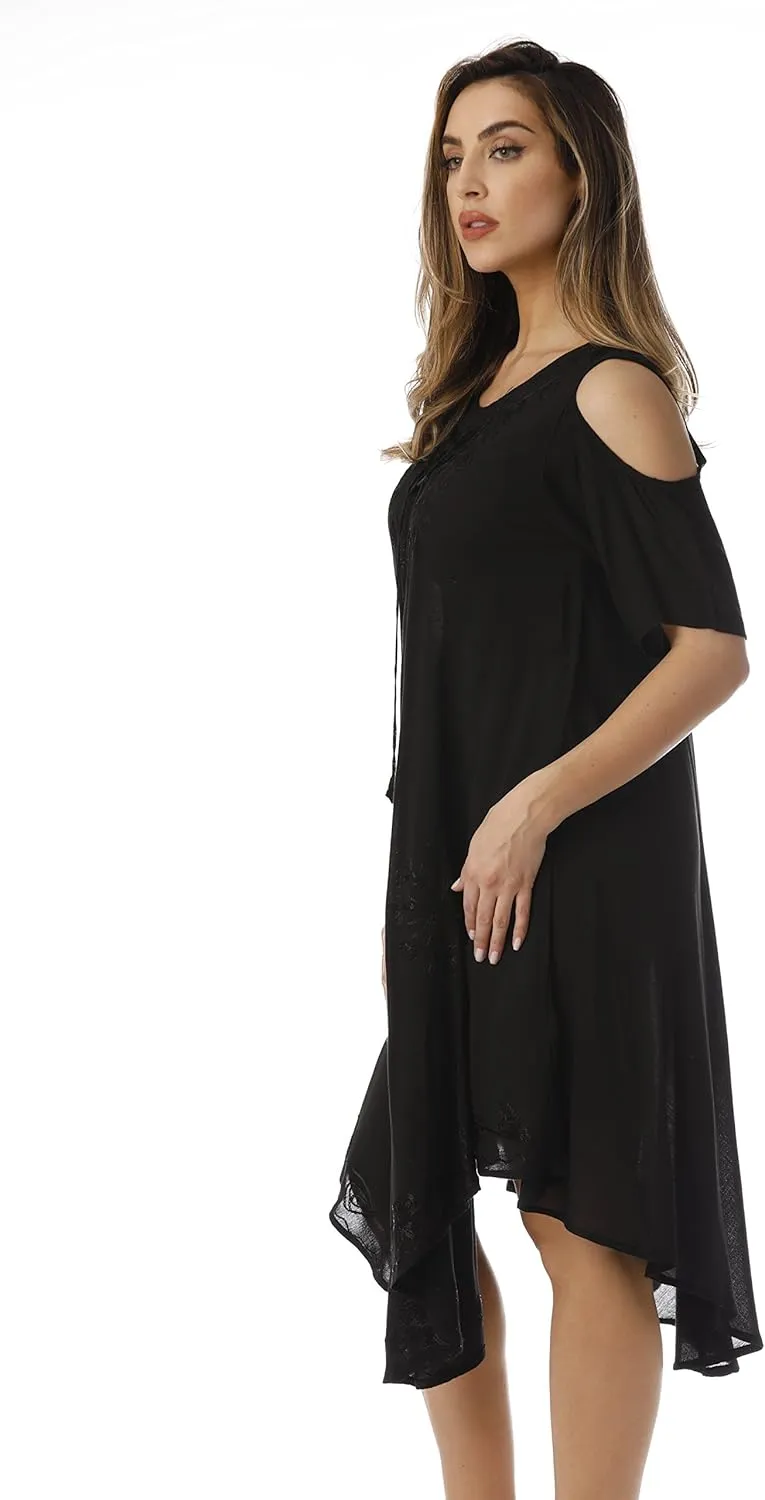 Riviera Sun Lace-Up Cold Shoulder Casual Dress with Tonal Embroidery