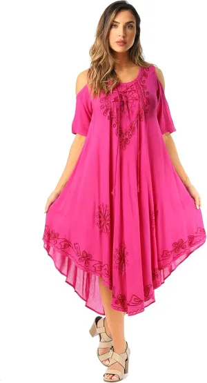 Riviera Sun Lace-Up Cold Shoulder Casual Dress with Tonal Embroidery