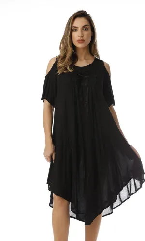 Riviera Sun Lace-Up Cold Shoulder Casual Dress with Tonal Embroidery
