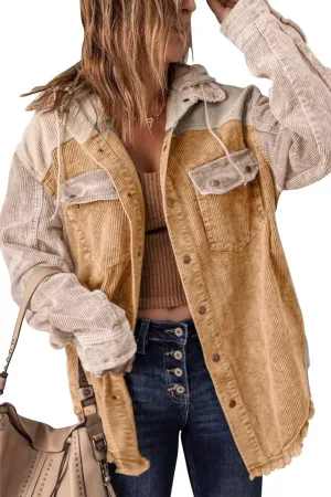Ru Sweet Women's Corduroy Hooded Colorblock Long Sleeve Jacket Color Block Shirts Coat Outwear
