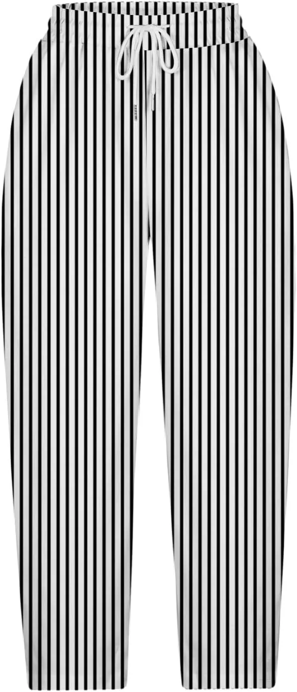 Stripe Color Block Capri Pants for Women Casual Straight Leg Capri Pants Drawstring Elastic Waist Cropped Trousers