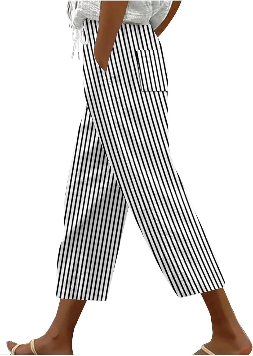 Stripe Color Block Capri Pants for Women Casual Straight Leg Capri Pants Drawstring Elastic Waist Cropped Trousers