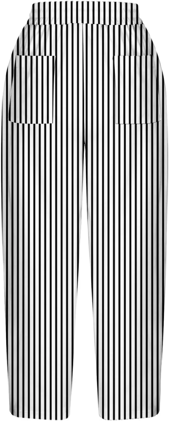 Stripe Color Block Capri Pants for Women Casual Straight Leg Capri Pants Drawstring Elastic Waist Cropped Trousers
