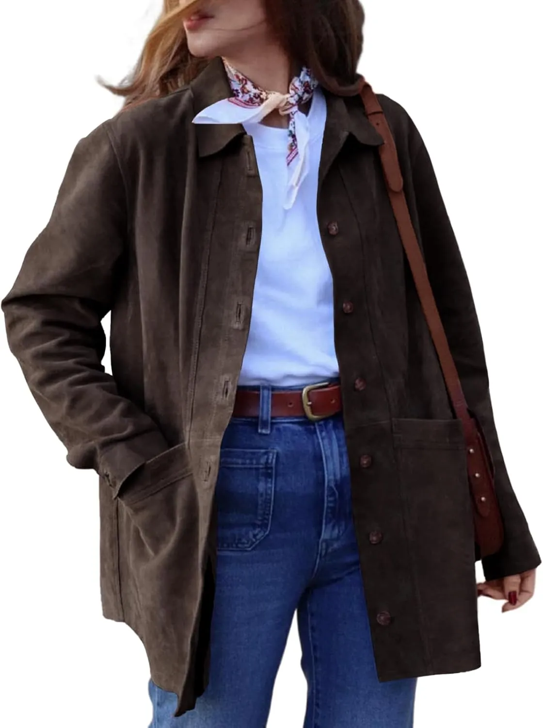 Tankaneo Womens Faux Suede Jackets Button Down Long Sleeve Shackets Coat Trendy 2025 Spring Clothes