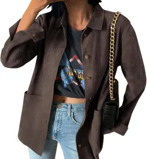 Tankaneo Womens Faux Suede Jackets Button Down Long Sleeve Shackets Coat Trendy 2025 Spring Clothes