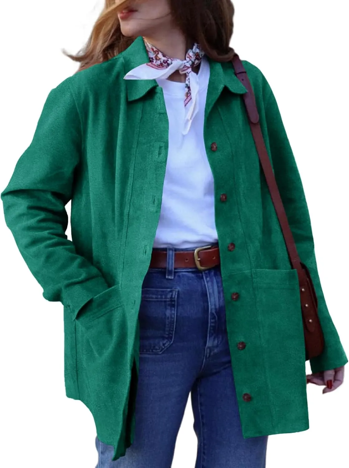 Tankaneo Womens Faux Suede Jackets Button Down Long Sleeve Shackets Coat Trendy 2025 Spring Clothes