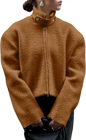 Tankaneo Womens Oversized Cropped Sherpa Jacket Zip Up Teddy Coat Stand Collar Fuzzy Fleece Outerwear