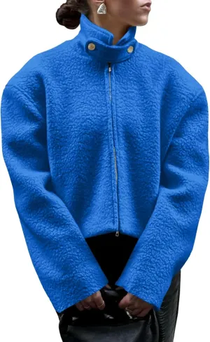 Tankaneo Womens Oversized Cropped Sherpa Jacket Zip Up Teddy Coat Stand Collar Fuzzy Fleece Outerwear
