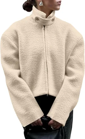 Tankaneo Womens Oversized Cropped Sherpa Jacket Zip Up Teddy Coat Stand Collar Fuzzy Fleece Outerwear