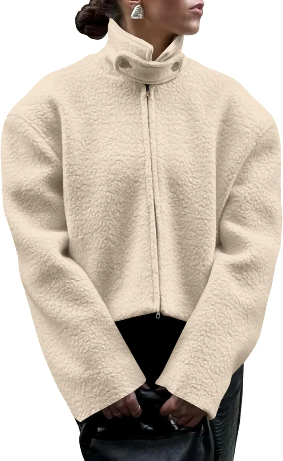 Tankaneo Womens Oversized Cropped Sherpa Jacket Zip Up Teddy Coat Stand Collar Fuzzy Fleece Outerwear