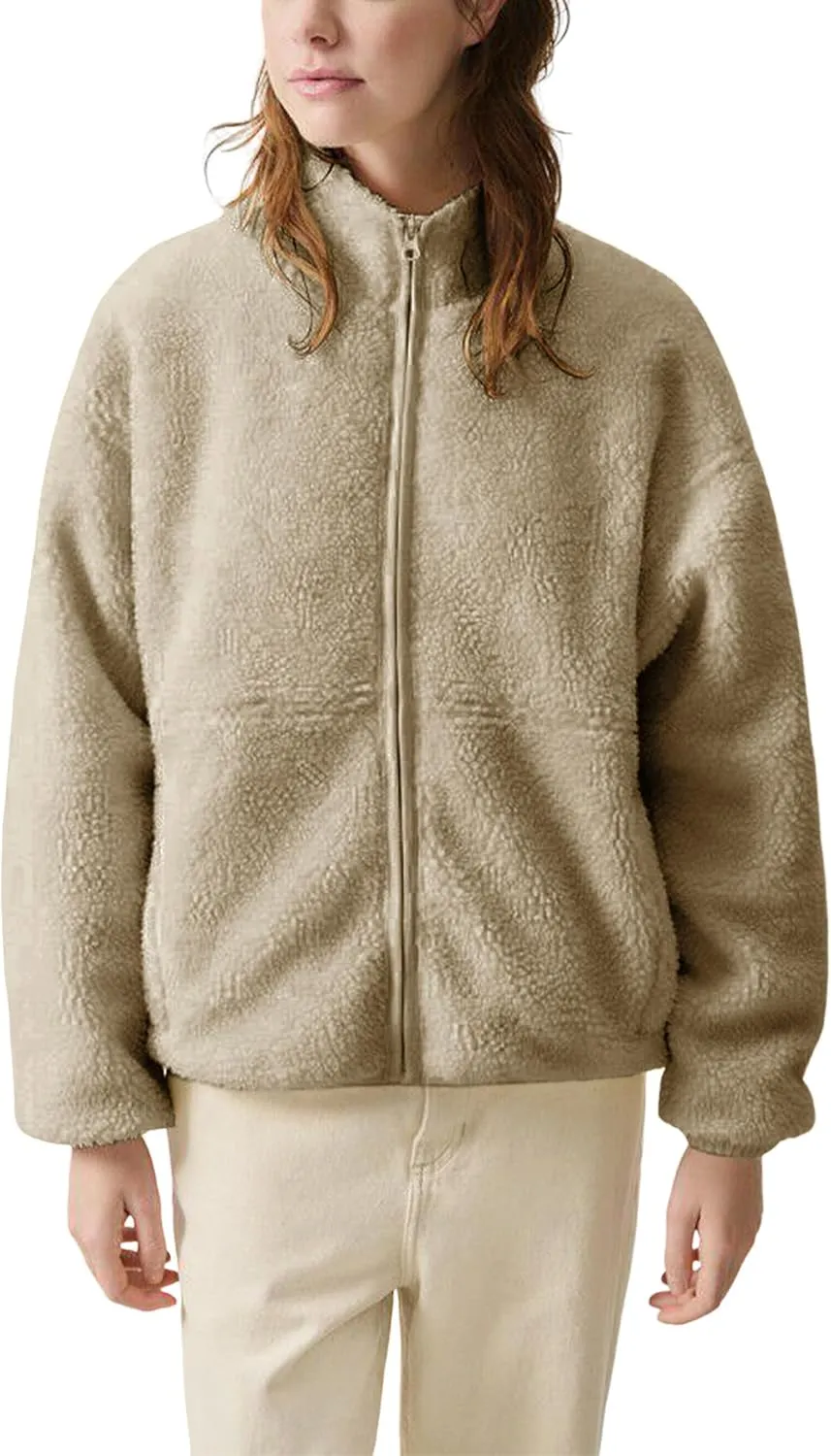Watashi Women's Sherpa Jacket Faux Fur Coat Fleece Outerwear Zip-up with Pockets