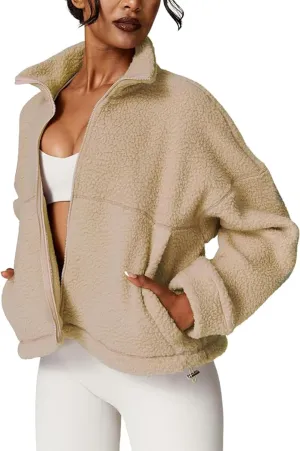 Watashi Women's Sherpa Jacket Faux Fur Coat Fleece Outerwear Zip-up with Pockets