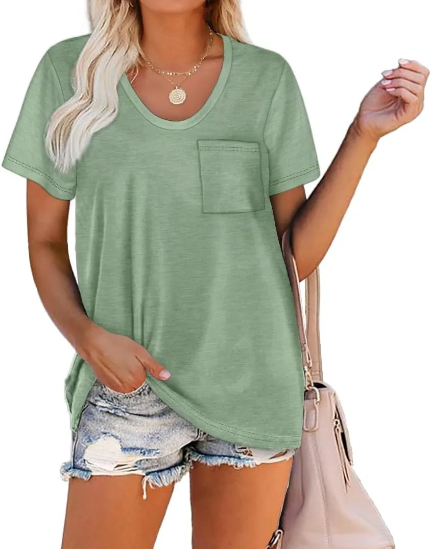 WIHOLL Women Summer T Shirts Short Sleeve Rounded V Neck Pocket Tee Tops