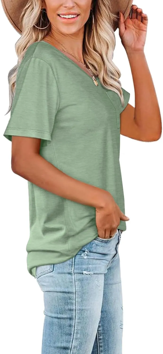 WIHOLL Women Summer T Shirts Short Sleeve Rounded V Neck Pocket Tee Tops