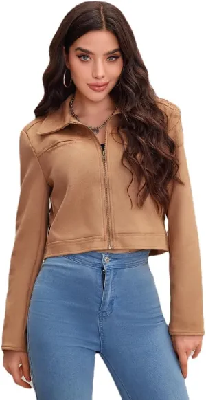 Women's Casual Cropped Jacket Long Sleeve Zip Up Moto Biker Faux Suede Jackets Fashion Short Coat Solid Brown
