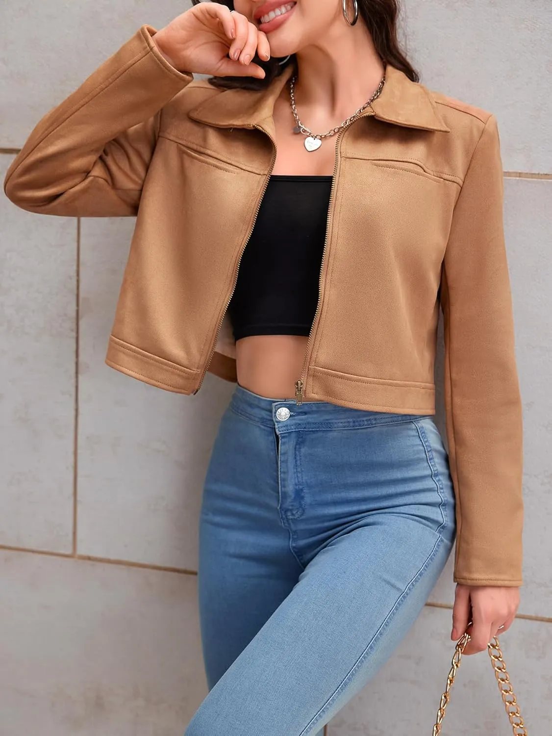 Women's Casual Cropped Jacket Long Sleeve Zip Up Moto Biker Faux Suede Jackets Fashion Short Coat Solid Brown