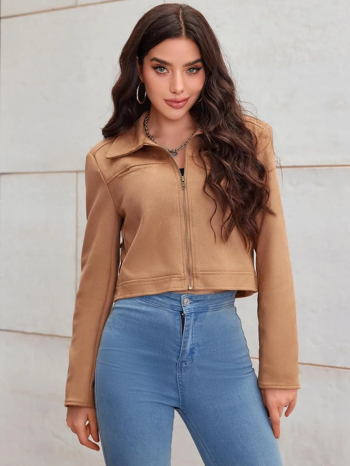 Women's Casual Cropped Jacket Long Sleeve Zip Up Moto Biker Faux Suede Jackets Fashion Short Coat Solid Brown